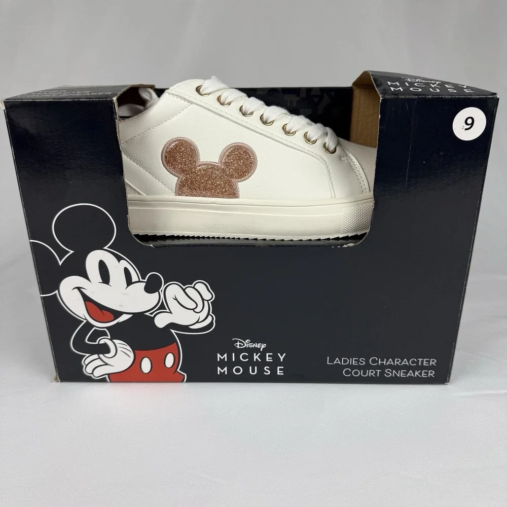 Disney White Sneakers with Rose Gold Glitter Mickey Accent